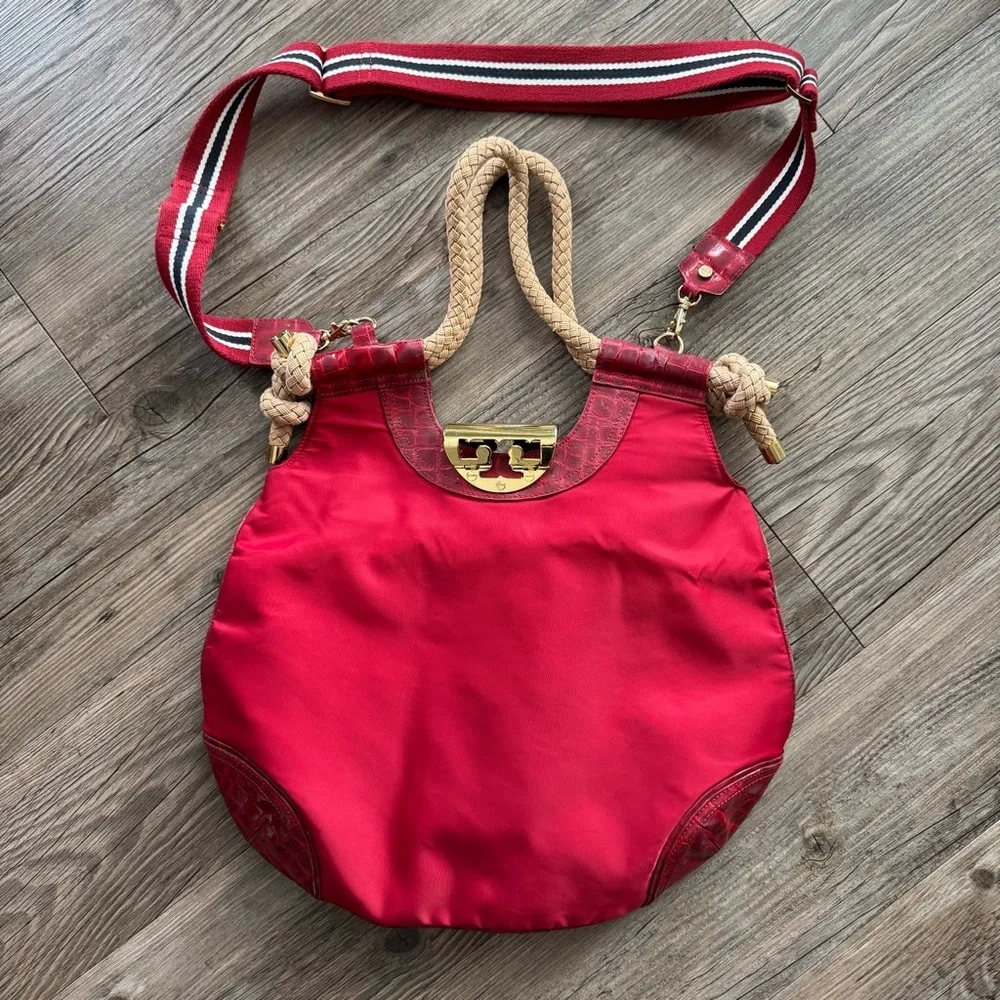 Tory Burch Red Nylon Croc Embossed Rope Handle Shoulder Hobo Bag